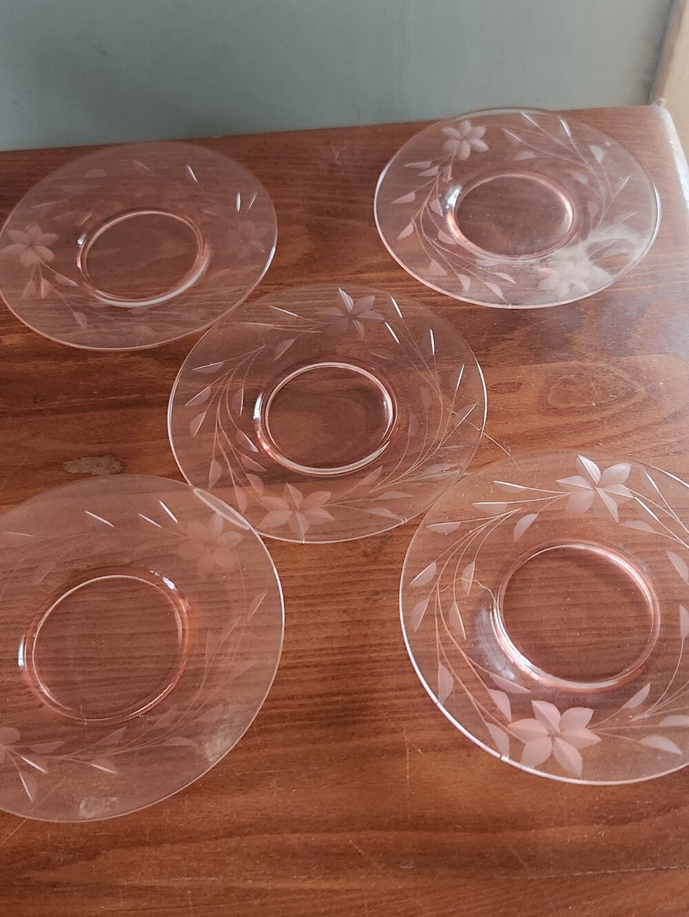 30s Antique Vintage 5 Pink Depression Glass Plates With Etcheings